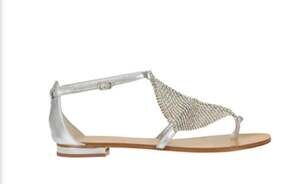 Lola Cruz Silver Crystal Embellished T-Strap Flat Sandals Size 36